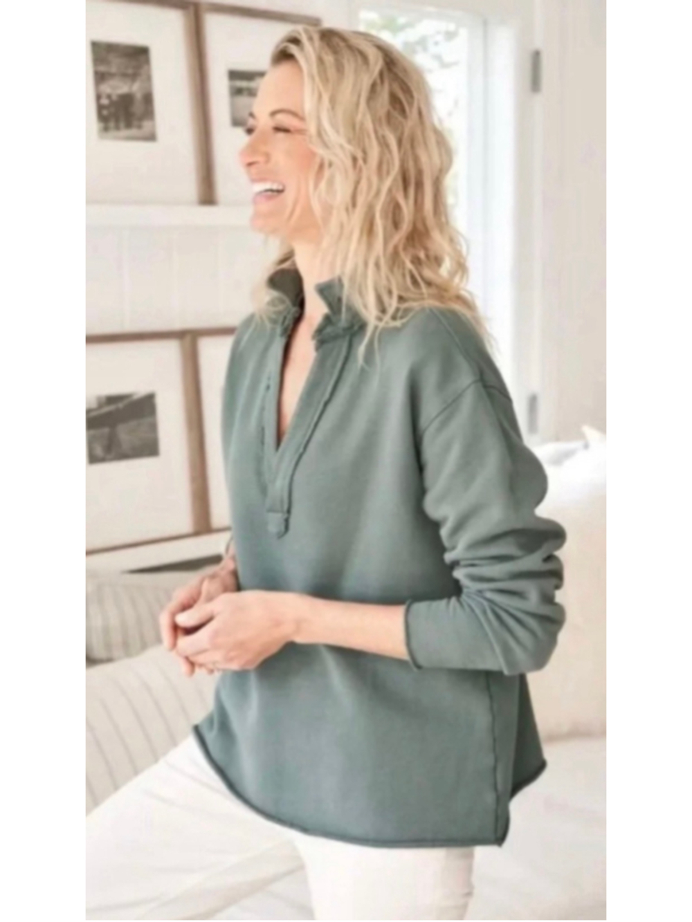 Frank & Eileen Patrick Popover Henley Sweatshirt Size S Artichoke Green S New